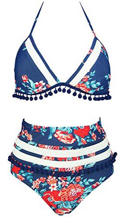 COCOSHIP Red Pink & Navy Blue Antigua Floral Fringe High Waist Bikini Set Pom Pom Tassel Trim Top Halter Swimsuit Bathing Suit 6: Clothing