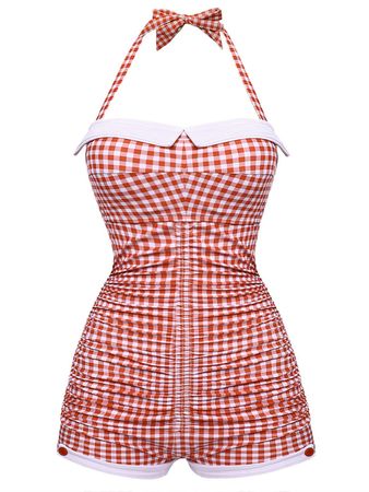 Checked Halter Bowknot One-piece Swimsuit – Retro Stage - Chic Vintage Dresses and Accessories