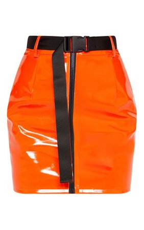 Orange Vinyl Zip Front Belted Mini Skirt | PrettyLittleThing USA