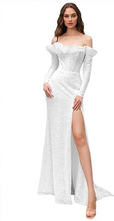 HANVAIOS Mermaid Prom Dress with Slit Long Sleeve Sequin Ball Gown Off The Shoulder Sparkly Corset Evening Dress at Amazon Women’s Clothing store