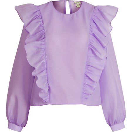 Petite purple ruffle front blouse | River Island