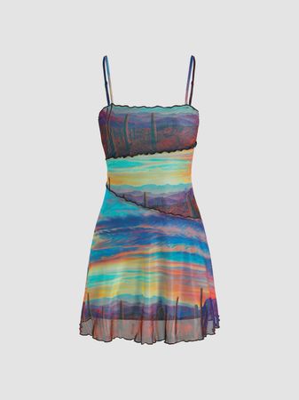 Sunset Mountain Print Stitch Mini Dress - Cider