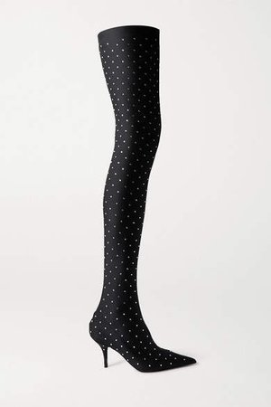 Knife Crystal-embellished Stretch-satin Thigh Boots - Black