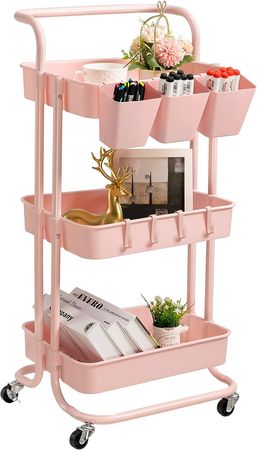 Amazon.com: danpinera 3 Tier Rolling Utility Cart with Lockable Wheels & Hanging Cups & Hooks Storage Organization Shelves for Kitchen, Bathroom, Office, Library, Coffee Bar Trolley Service Cart, Seashell Pink : Home & Kitchen