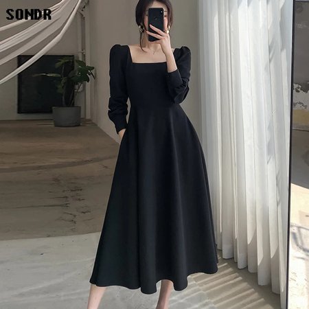 Vestidos coreanos de uma peça outono 2020 novo de mangas compridas francês vintage hepburn estilo quadrado pescoço preto vestido das mulheres vestidos longos| | - AliExpress