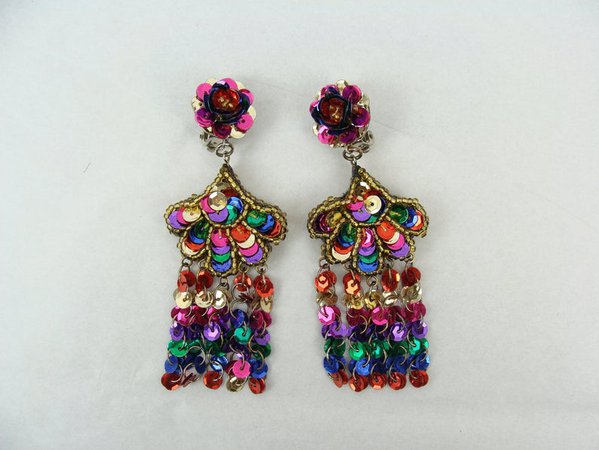 Vintage Sequin Earrings 80s Rainbow Colorful Drop Earrings | Etsy