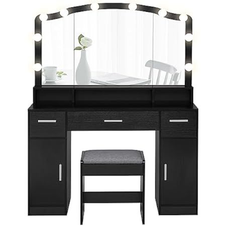 Amazon.com: Lifewit Vanity Desk Set with Mirror and Lights, Black Makeup Dressing Table with 2 Drawers&Chair, 3 Lighting Modes Adjustable Brightness, Suitable for Bedroom/Bathroom, Wooden Top&Iron Frame : Home & Kitchen