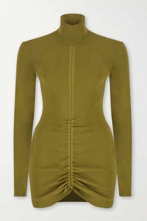 Army green Ruched ribbed-knit turtleneck mini dress | Zeynep Arcay | NET-A-PORTER