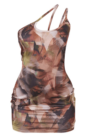 Multi Abstract Print Slinky Asymmetric Strap Bodycon Dress