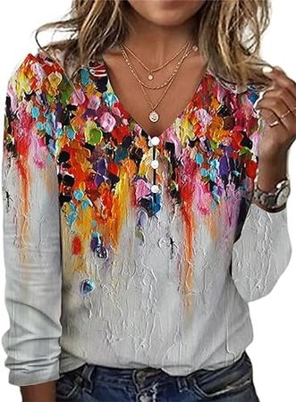 Chvity Womens Boho Floral Long Sleeve V Neck Shirts Causal Button Front Dressy Blouse Vintage Ethnic Print Fall Pullover Tops at Amazon Women’s Clothing store