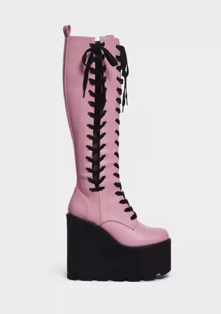 Current Mood Lace Up Knee High Wedge Platform Boots - Light Pink – Dolls Kill