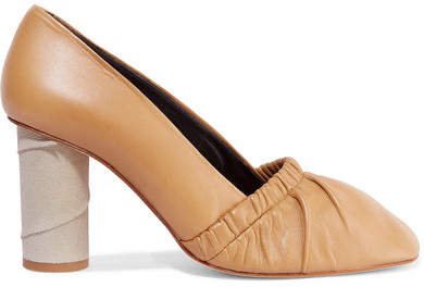 Ruched Leather And Suede Pumps - Beige
