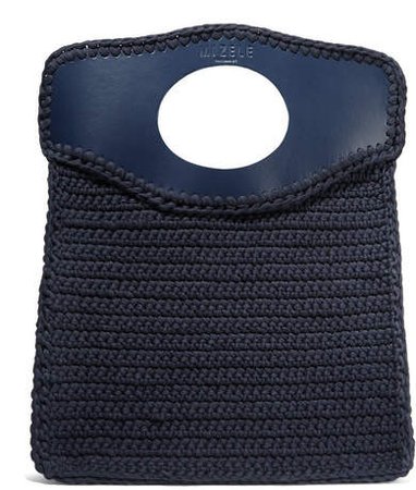 Mizele - Business Medium Leather-trimmed Crocheted Cotton Tote - Navy