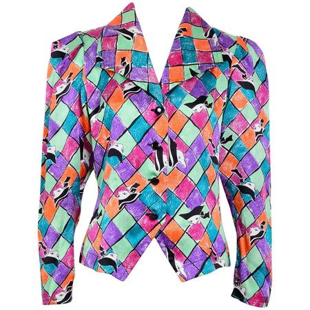 Yves Saint Laurent silk colorful "mask and arlequin" print blouse, 1980 For Sale at 1stDibs