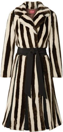 STAUD - Bungalow Belted Striped Faux Fur Coat - Brown