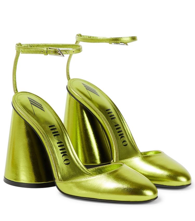 lime green metallic pointed toe block heels