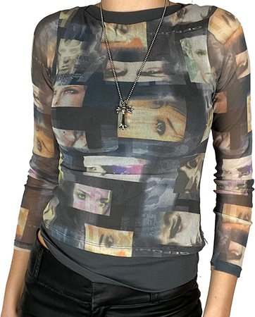 Women Face Portrait Top Y2k Graphic Long Sleeves Crop Top Aesthetic Graphic Print T-Shirt Vintage 90s Slim Fit T-Shirt at Amazon Women’s Clothing store