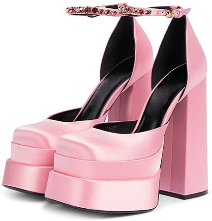 Amazon.com | VIMISAOI Chunky Block Heels for Women Fashion Square Toe Ankle Strap Buckle Rhinestones Wedge Silk Satin High Platform Heels Dress Pumps Shoes Rose Red | Pumps