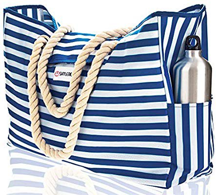 Amazon.com: Beach Bag XXL (HUGE). 100% Waterproof. L22"xH15"xW6". Cotton Rope Handles, Top Magnet Clasp, Two Outside Pockets. Blue Stripes Shoulder Beach Tote has Phone Case, Built-In Key Holder, Bottle Opener: Kitchen & Dining
