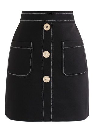 Contrasted Pockets Buttoned Mini Skirt in Black - Retro, Indie and Unique Fashion