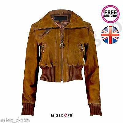 New Suede Brown Leather Cropped Biker Jacket Womens