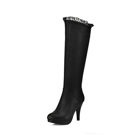 Women's Boots Knee High Boots Chunky Heel Round Toe Stitching Lace PU Knee High Boots Fall & Winter Black / White 2020 - £ 37.62