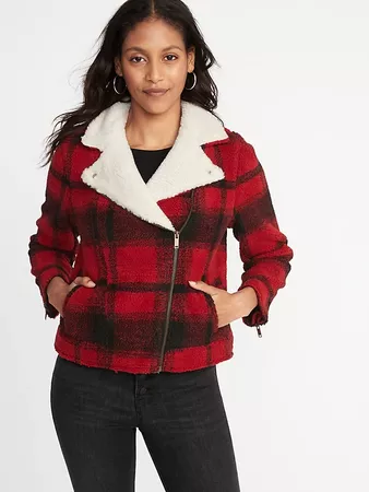 Plaid Sherpa Moto Jacket for Women | Old Navy