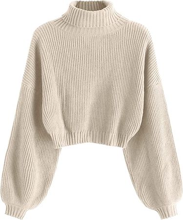 ZAFUL Women's Roll Neck Drop Shoulder Lantern Sleeve Cropped Sweater at Amazon Women’s Clothing store