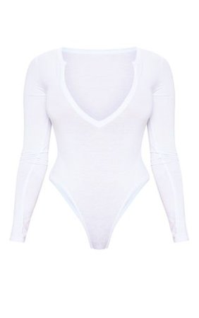 Petite White Basic Plunge Long Sleeve Bodysuit | PrettyLittleThing