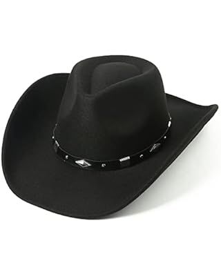 Lanzom Women Men Felt Wide Brim Western Cowboy Hats Belt Buckle Panama Hat(Black, Medium) at Amazon Men’s Clothing store