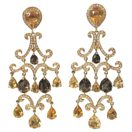 Large and Impressive Gold Diamond and Citrine Chandelier Earrings For Sale at 1stDibs | large gold chandelier earrings