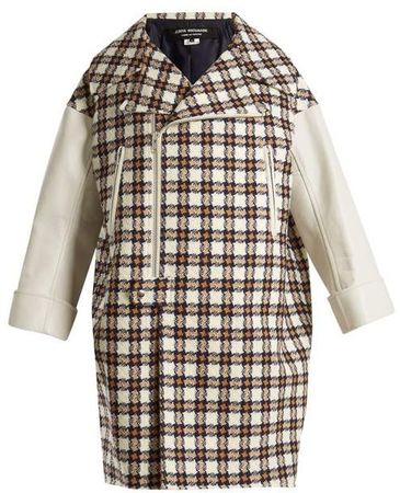 Leather Trimmed Hound's Tooth Wool Blend Coat - Womens - White Multi