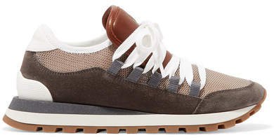 Metallic Mesh, Leather And Suede Sneakers - Brown