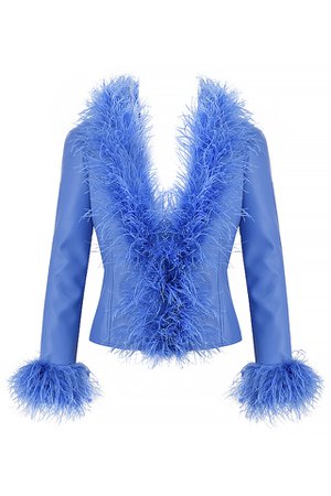 Clothing : Jackets : 'Salome' Cornflower Vegan Leather Feather Trimmed Jacket