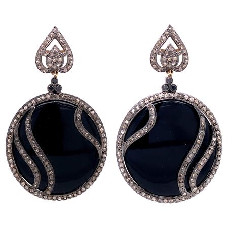Pair of Moonstone, Tanzanite and Black Diamond Dangle Pierced Earrings For Sale at 1stDibs