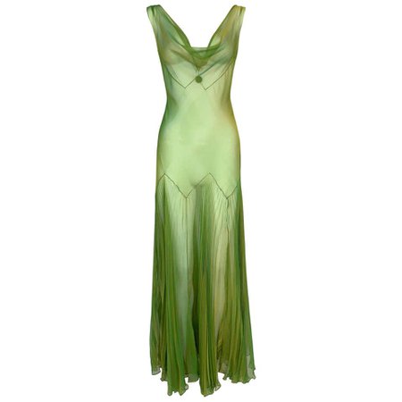 F/W 1999 John Galliano Runway Sheer Iridescent Gold Green Pleated Maxi Dress For Sale at 1stDibs