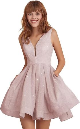 Light Pink Glittery Juniors Homecoming Dress Short Sleeveless Party Prom Dresses with Pockets Ball Gown Size US 02 at Amazon Women’s Clothing store