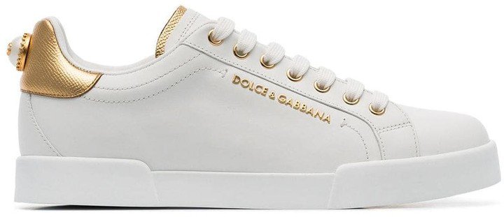 White Pearl Embellished Leather Sneakers