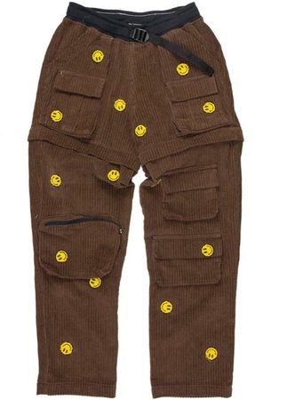 brown pants with yellow smiley face