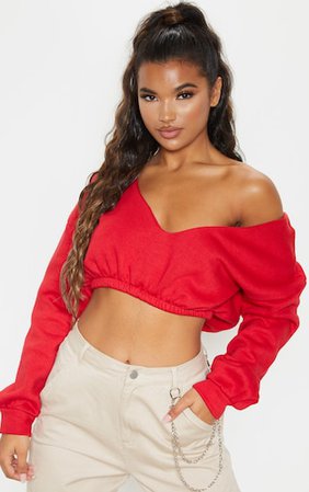 Red Crop Off Shoulder Sweater | PrettyLittleThing USA
