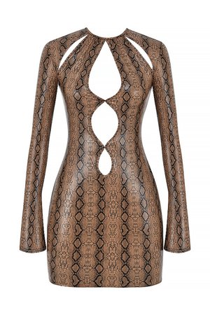 'Glimpse' Brown Vegan Leather Snakeskin Cutout Mini Dress - Mistress Rock