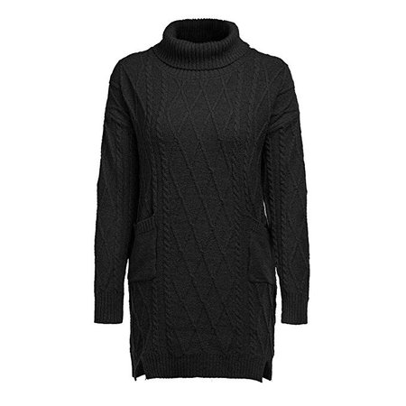 Chaofanjiancai Women Winter Sweater Knit Turtleneck Warm Long Sleeve Pocket Mini Dress Black
