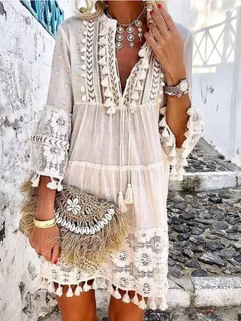 moderngaga 3/4 Sleeve V Neck Holiday Boho Dresses White / M | Google Shopping
