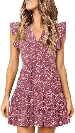 MITILLY Women's V Neck Ruffle Sleeve Pleated Casual Swing Short Dress with Pockets at Amazon Women’s Clothing store
