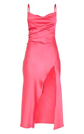 Hot Pink Strappy Satin Gathered Side Split Hem Midi Dress | PrettyLittleThing USA