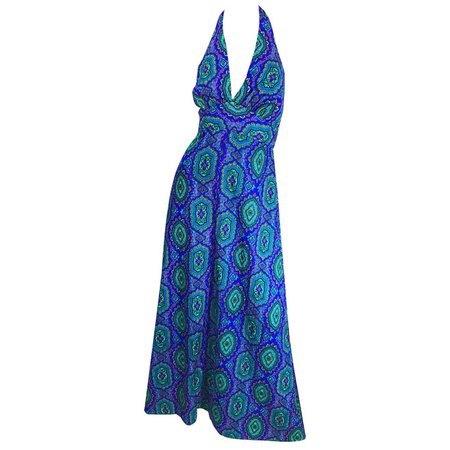 1970s Paisley Purple Blue Green Boho Vintage Cotton Rayon 70s Maxi Halter Dress For Sale at 1stDibs