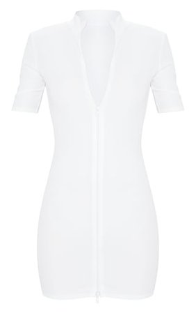 White Zip Front Rib Short Sleeve Bodycon Dress | PrettyLittleThing USA