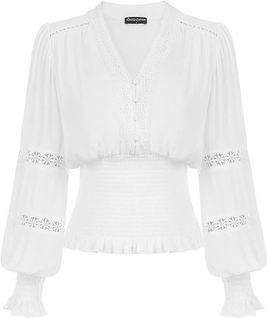 Women's Renaissance Shirts V Neck Lantern Sleeve Button Smocked Tops White X-Large at Amazon Women’s Clothing store