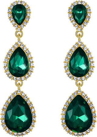Amazon.com: EleQueen Women's Gold-tone Austrian Crystal Teardrop Pear Shape 2.5 Inch Long Dangle Earrings Emerald Color: Clothing, Shoes & Jewelry