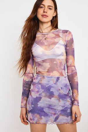 UO '90s Lilac Floral Mesh Mini Skirt | Urban Outfitters UK